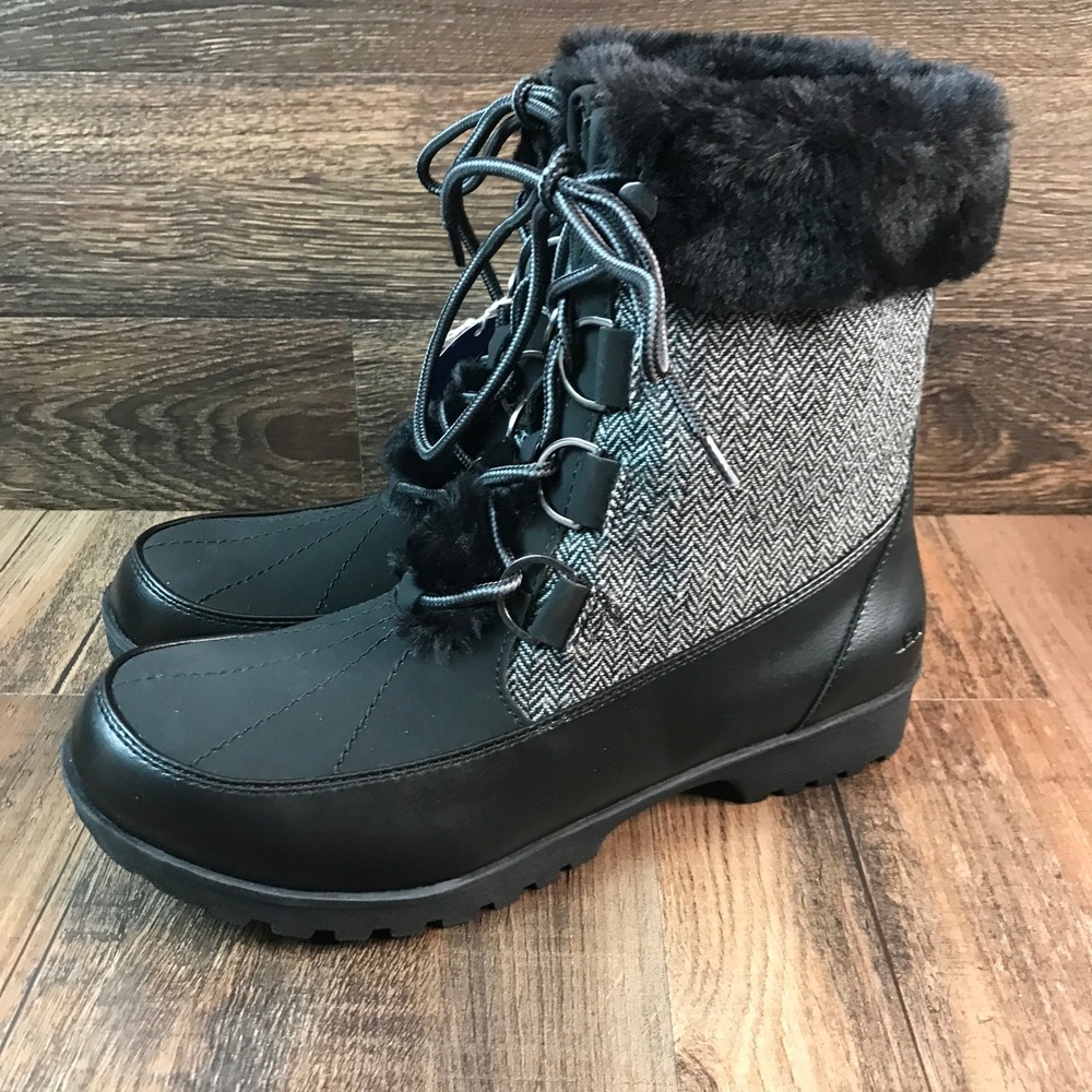 JBU Northgate Waterproof Winter Duck Boots Black Grey Herringbone Faux Fur 10M